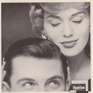 Vintage 1960 Vaseline Hair Tonic Mid Century Men's Grooming Romance Print Ad